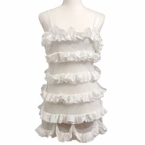 ๐
บFLORA NIKROOZ WHITE LAYERED RUFFLE SATIN-LIKE AND MESH STRIPES BABYDOLL